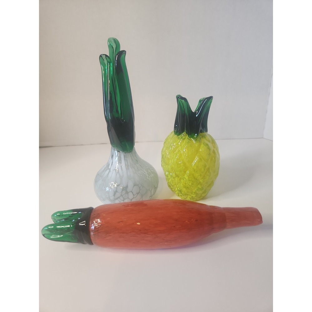 Vintage Mexican Art Glass Fruit Vegetable Lot 3pc Blown Pineapple Carrot Onion